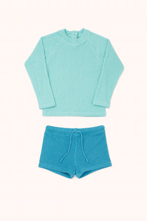 Textured Rash guard + Short Set - (AQUA + SEA BLUE)