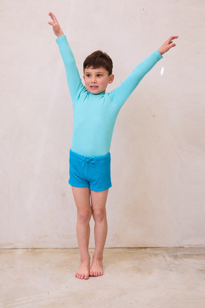 Textured Rash guard + Short Set - (AQUA + SEA BLUE)