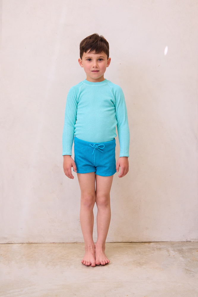 Textured Rash guard + Short Set - (AQUA + SEA BLUE)