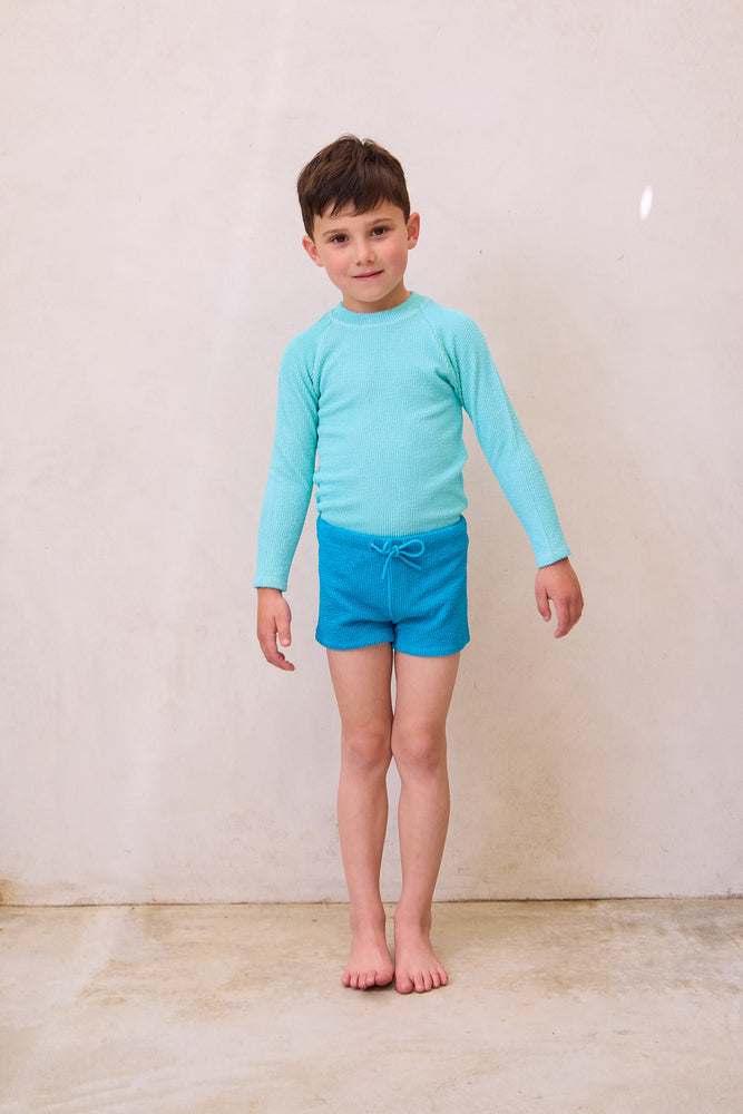 Textured Rash guard + Short Set - (AQUA + SEA BLUE)