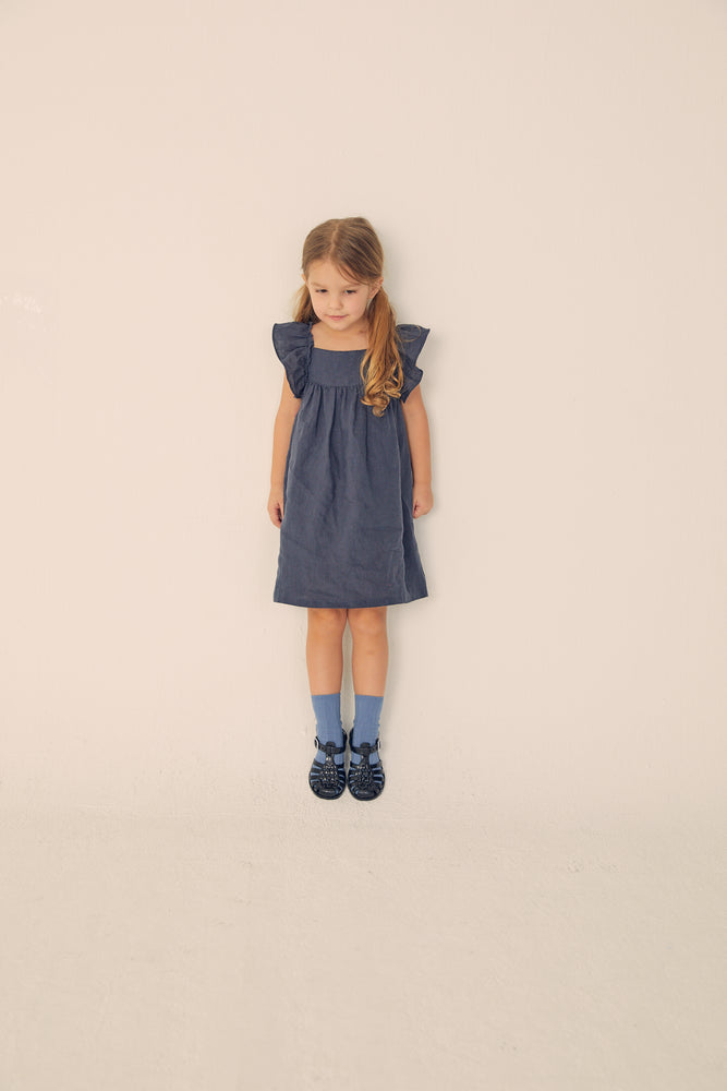 
            
                Load image into Gallery viewer, Ruffled Linen Dress - Navy
            
        