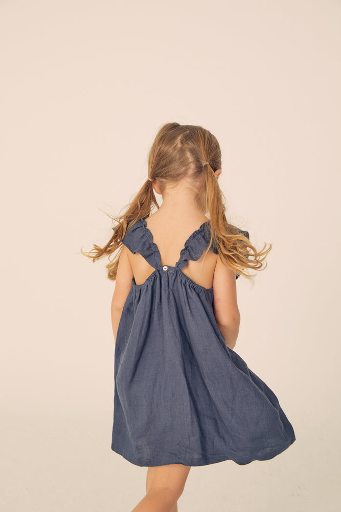 
            
                Load image into Gallery viewer, Ruffled Linen Dress - Navy
            
        